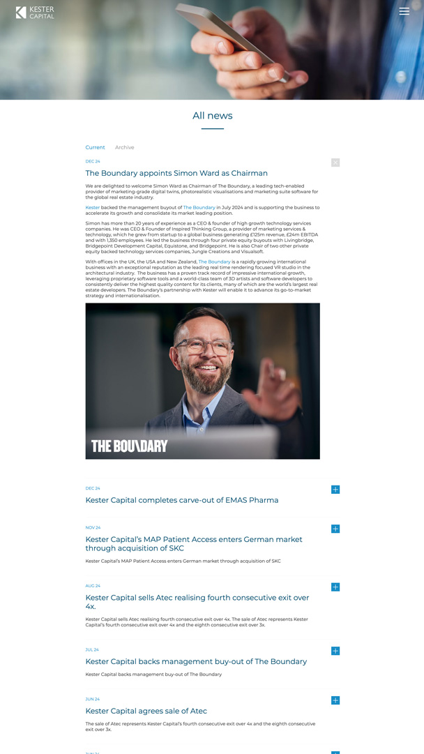 Screenshot of the Kester news page